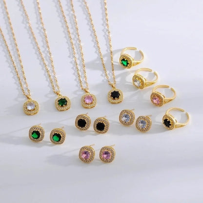 Copper 18K Gold Plated Minimalist Shiny Inlay Square Zircon Rings Earrings Necklace