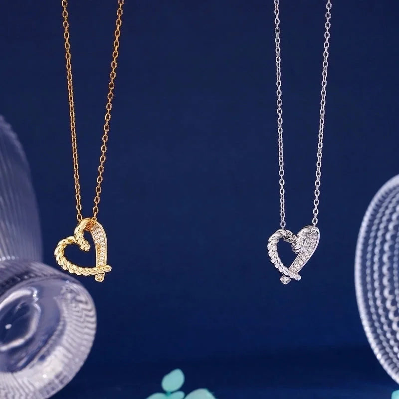 304 Stainless Steel Copper Inlay Heart Shape Zircon Pendant Necklace