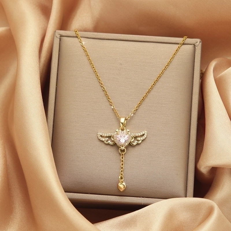 2 Pieces Vintage Style Heart Shape Flower Bow Knot Titanium Steel Copper Tassel Plating Inlay Zircon Pendant Necklace