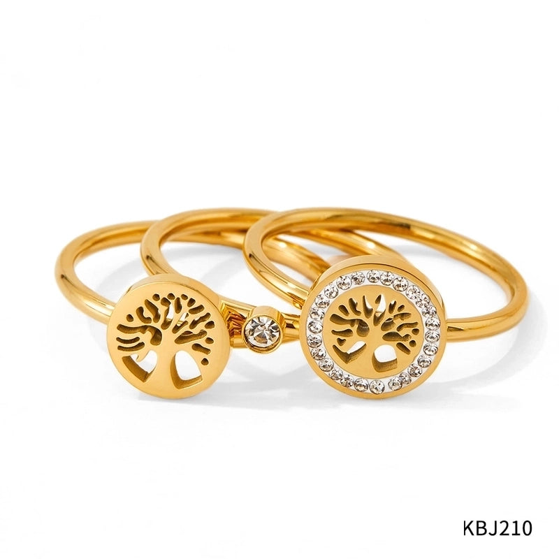 3 Pieces Retro Tree 304 Stainless Steel Rhinestones 16K Gold Plated White Gold Plated Gold Plated Inlay Stainless Steel Rings