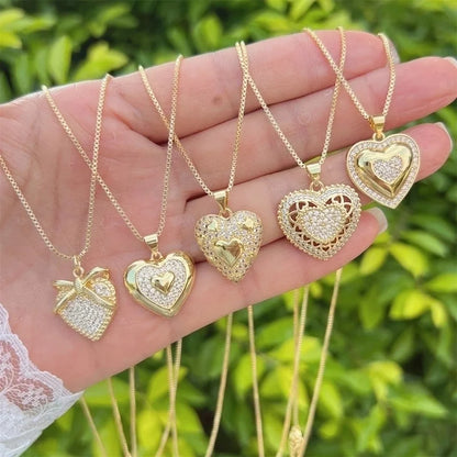 2 Pieces Elegant Heart Shape Bow Knot Copper Zircon Pendant Necklace