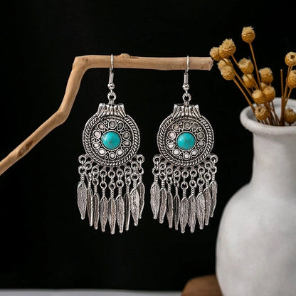 Bohemian Blue Turquoise National Style Earrings Imitation Miao Silver Metal Earrings Vintage Tassel Earrings