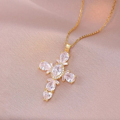 201 Stainless Steel Copper White Gold Plated Gold Plated Minimalist Classic Style Plating Inlay Cross Glass Zircon Pendant Necklace