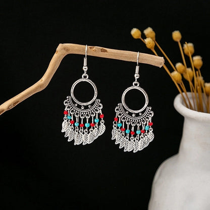 Bohemian Blue Turquoise National Style Earrings Imitation Miao Silver Metal Earrings Vintage Tassel Earrings