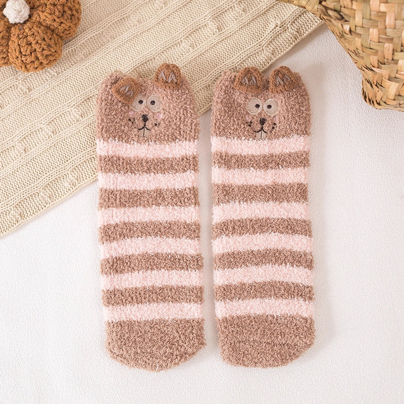 29 Cartoon Straight Embroidered Three-dimensional Animal Coral Fleece Christmas Warm Home Floor Socks Half Velvet Tube Socks