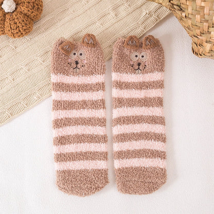 29 Cartoon Straight Embroidered Three-dimensional Animal Coral Fleece Christmas Warm Home Floor Socks Half Velvet Tube Socks