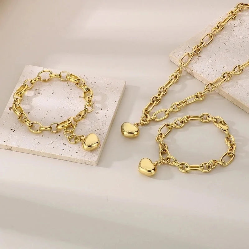 Minimalist Heart Shape 304 Stainless Steel 18K Gold Plated Bracelets Necklace