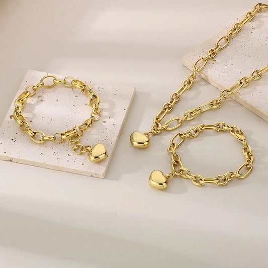 Minimalist Heart Shape 304 Stainless Steel 18K Gold Plated Bracelets Necklace