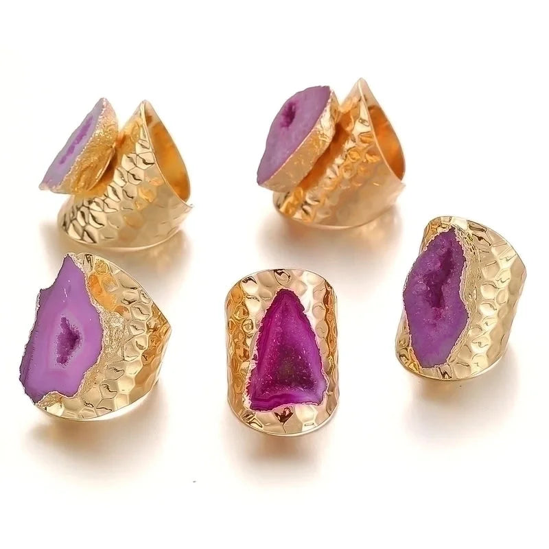 5 Pieces Classic Style Commute Color Block Agate Artificial Gemstones Rings In Bulk