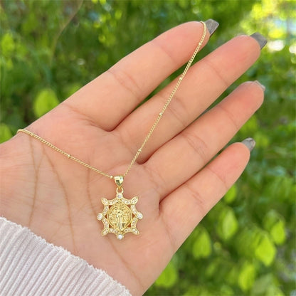Copper 18K Gold Plated Inlay Virgin Mary Zircon Pendant Necklace
