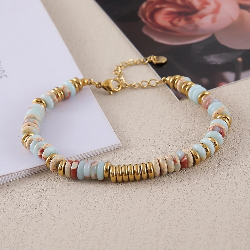 Retro Ethnic Style Geometric Stainless Steel Natural Stone 18K Gold Plated Bracelets In Bulk