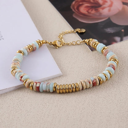 Retro Ethnic Style Geometric Stainless Steel Natural Stone 18K Gold Plated Bracelets In Bulk
