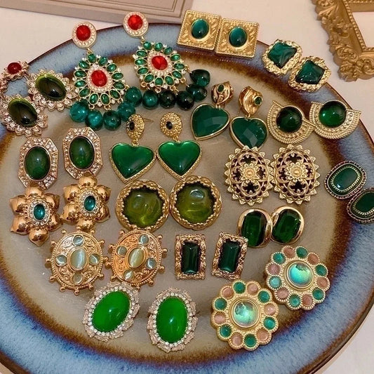 1 Pair Retro Color Block Heart Shape Pleated Inlay Copper Rhinestones Drop Earrings