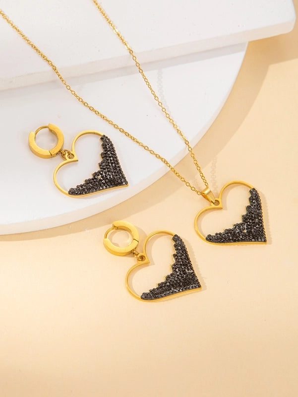 IG Style Minimalist Heart Shape Titanium Steel Shell Zircon Inlay Earrings Necklace