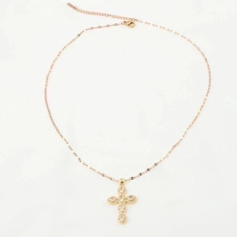Stainless Steel 18K Gold Plated Vintage Style Plating Inlay Geometric Cross Rhinestones Pearl Zircon Pendant Necklace