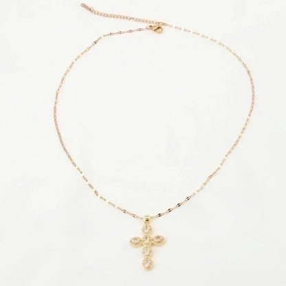 Stainless Steel 18K Gold Plated Vintage Style Plating Inlay Geometric Cross Rhinestones Pearl Zircon Pendant Necklace
