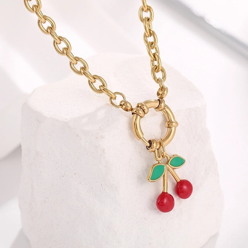 Elegant Minimalist Cherry 304 Stainless Steel Zircon 18K Gold Plated Inlay Pendant Necklace