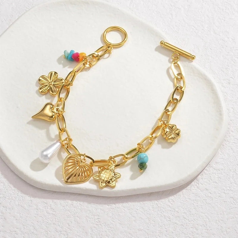 Sweet Minimalist Heart Shape Flower Butterfly 304 Stainless Steel 18K Gold Plated Figaro Chain Multi Charms Bracelet Bracelets In Bulk