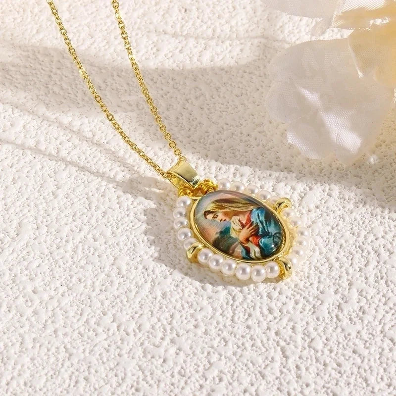 Copper 18K Gold Plated Inlay Human Virgin Mary Acrylic Imitation Pearl Pendant Necklace