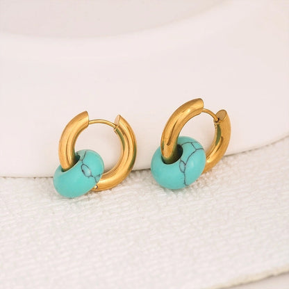 1 Pair Retro Classic Style Circle 304 Stainless Steel Turquoise Agate 18K Gold Plated Drop Earrings