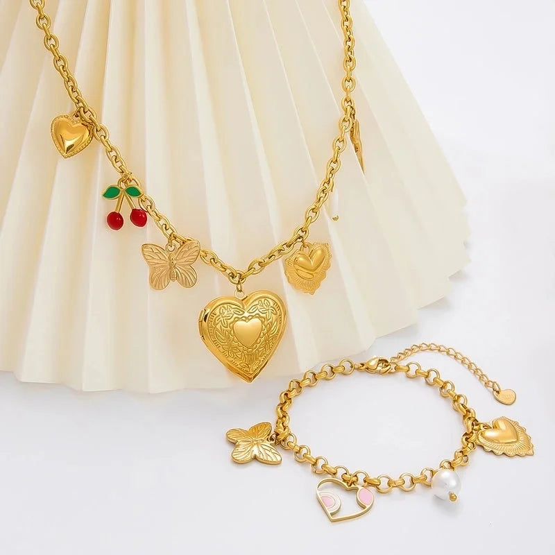 IG Style Sweet Heart Shape Flower Butterfly 304 Stainless Steel 18K Gold Plated Pearl Bracelets Necklace