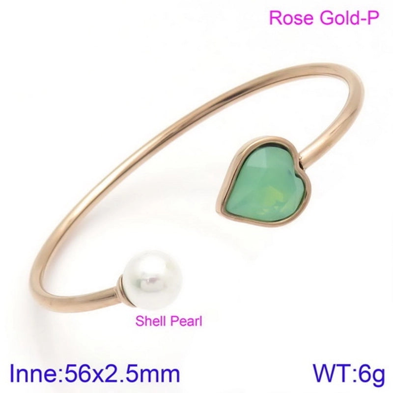 Modern Style Minimalist Heart Shape Stainless Steel Titanium Steel 18K Gold Plated Glass Stone Pearl Bangle In Bulk