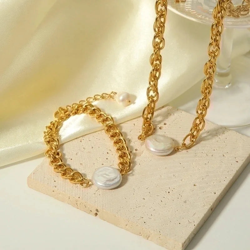 201 Stainless Steel Freshwater Pearl 18K Gold Plated Elegant Lady Plating Round Bracelets Necklace