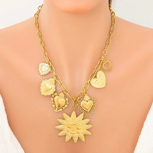 Elegant Exaggerated Streetwear Sun Heart Shape 304 Stainless Steel Multi Charms Necklace