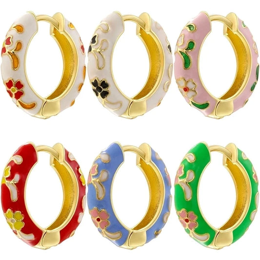 1 Pair Chinoiserie Vintage Style Round Petal Enamel Plating Copper 18K Gold Plated Earrings