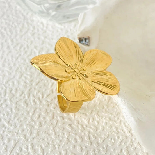 Vintage Style Flower 304 Stainless Steel 14K Gold Plated Plating Open Ring