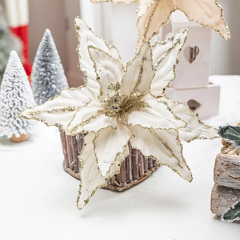 26cm Christmas Flower Red And Gold Sequin Velvet Fake Flower Christmas Tree Decoration Insert