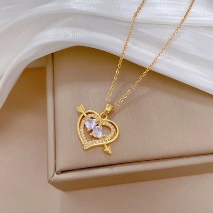2 Pieces Minimalist Classic Style Geometric Heart Shape Titanium Steel Copper Zircon Pendant Necklace In Bulk