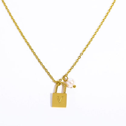 201 Stainless Steel 304 Stainless Steel Glass Gold Plated Casual Minimalist Pearl Plating Letter Lock Pendant Necklace