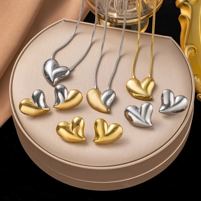 Casual Sweet Heart Shape Titanium Steel 18K Gold Plated Earrings Necklace
