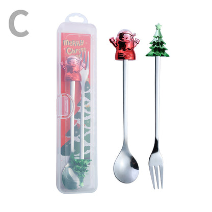 J Christmas Spoon Set Cartoon Colorful Santa Claus Christmas Tree Spoon Fork Coffee Dessert Spoon Gift Box