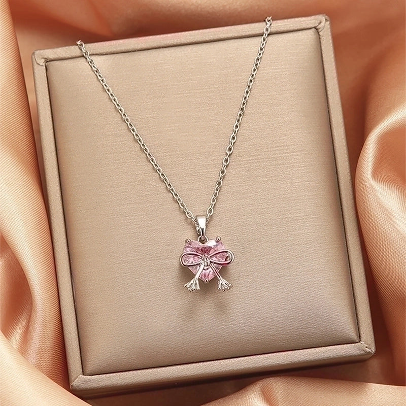 2 Pieces Vintage Style Heart Shape Flower Bow Knot Titanium Steel Copper Tassel Plating Inlay Zircon Pendant Necklace