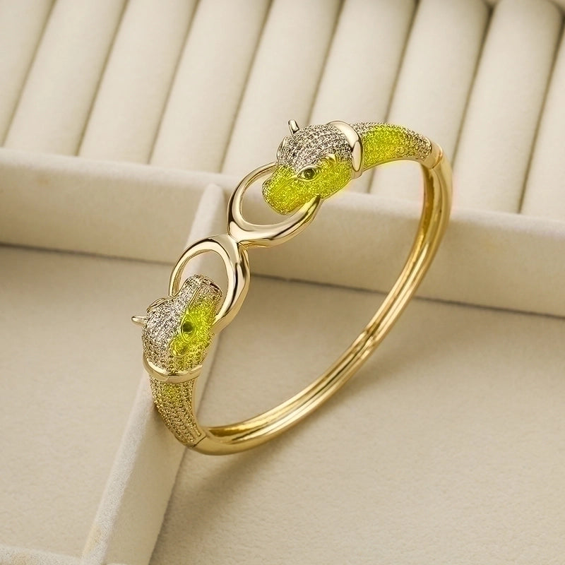 2 Pieces Hip-hop Leopard Copper 18k Gold Plated Pearl Zircon Bangle In Bulk