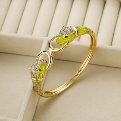 2 Pieces Hip-hop Leopard Copper 18k Gold Plated Pearl Zircon Bangle In Bulk