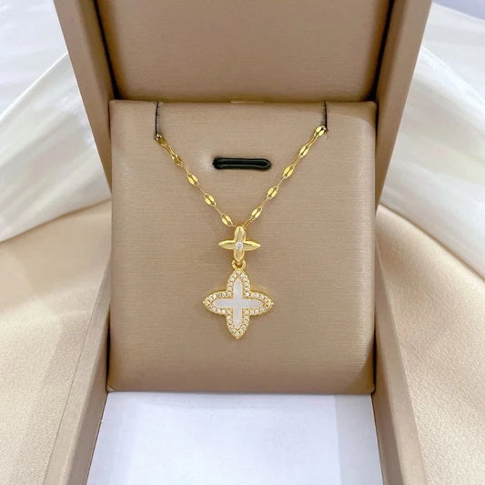 Casual Flower Titanium Steel Copper Inlay Zircon Pendant Necklace