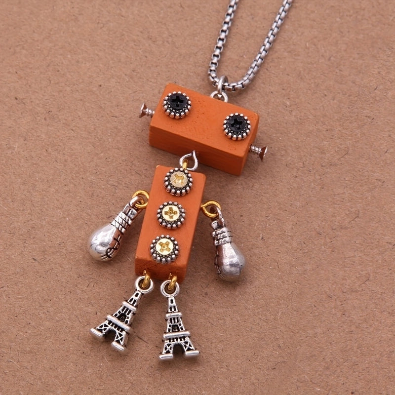 Modern Style Cool Style Robot 304 Stainless Steel Alloy Wood 18K Gold Plated Pendant Necklace