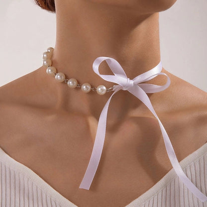 Elegant Luxurious Bow Knot Alloy Artificial Pearls Layered Chain Inlay Choker