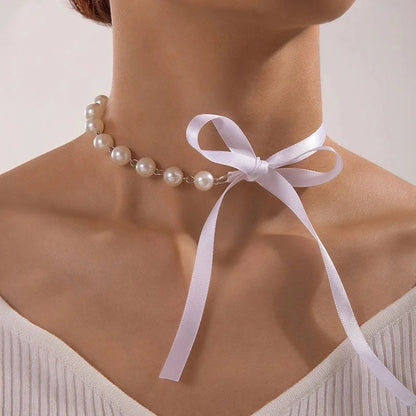 Elegant Luxurious Bow Knot Alloy Artificial Pearls Layered Chain Inlay Choker