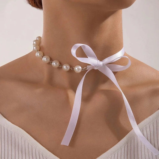 Elegant Luxurious Bow Knot Alloy Artificial Pearls Layered Chain Inlay Choker