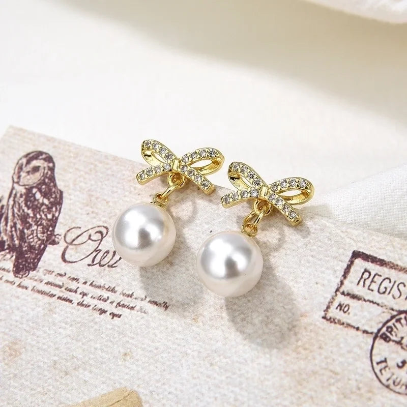 Copper Plating 18K Color Retention Imitation Pearl Bowknot Christmas Ear Studs Earrings