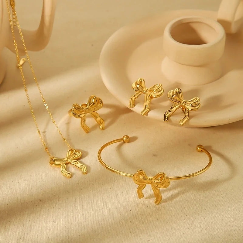 IG Style Sweet Bow Knot 304 Stainless Steel 18K Gold Plated Polishing Rings Earrings Necklace