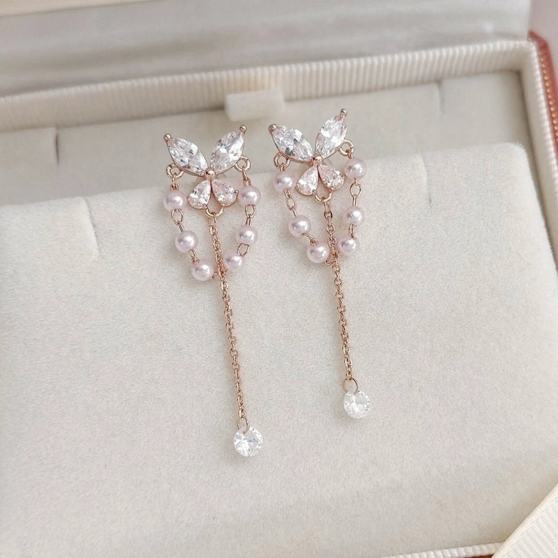 1 Pair Elegant Lady Streetwear Water Droplets Heart Shape Flower Hollow Out Inlay Steel Imitation Pearl Zircon Drop Earrings