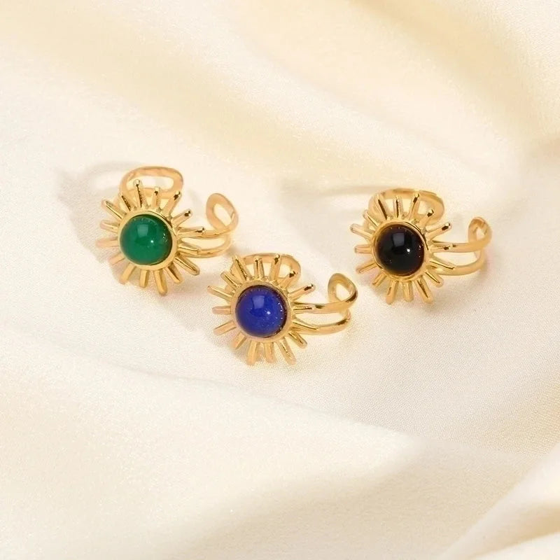 304 Stainless Steel 18K Gold Plated Modern Style Inlay Flower Turquoise Open Rings