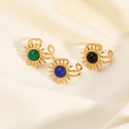304 Stainless Steel 18K Gold Plated Modern Style Inlay Flower Turquoise Open Rings