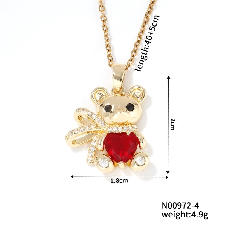 304 Stainless Steel Copper Rhodium Plated Inlay Bear Heart Shape Glass Zircon Pendant Necklace