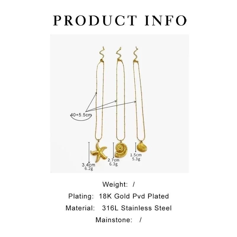 Marine Style Starfish Conch Shell 316L Stainless Steel 18K Gold Plated Pendant Necklace